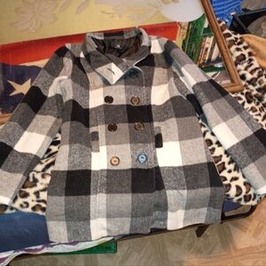 Amy Gyer Black and Gray Plaid Pea Coat